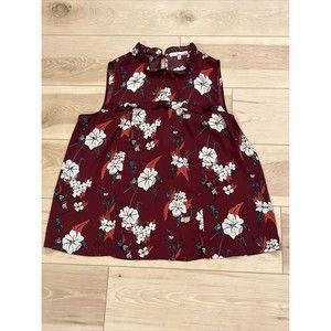 June &‎ Hudson Sleeveless Blouse Top With Ruffle Neck Maroon Cream Floral XL EUC